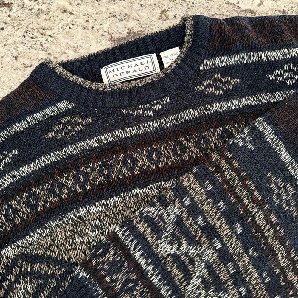 Vintage Sweater Mens XL Blue Fair Isle Geometric Knit Pullover Crewneck Dad 90s